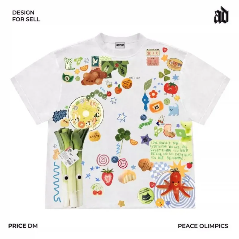 Funny Y2K Grunge Scrapbook Oversized Tee Full Collage Sticker Print Fruit Veggie Cartoon Soft Cotton Unisex Loose Street T Shirt