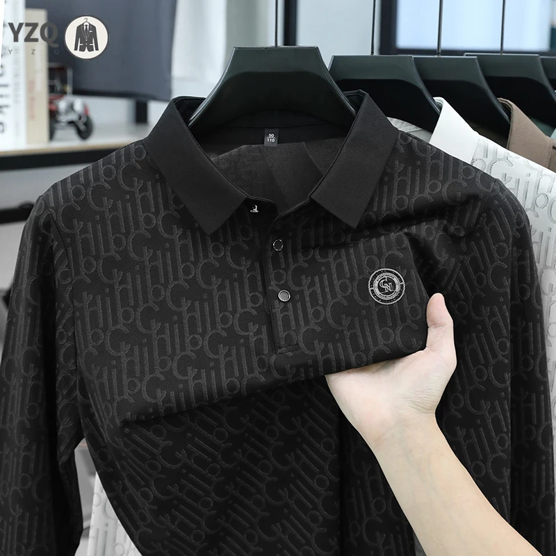 New Mens Lapel Polo Short Sleeve Full Letter Pattern Print Chest Embossed Logo Relax Fit Light Mesh Casual Shirt