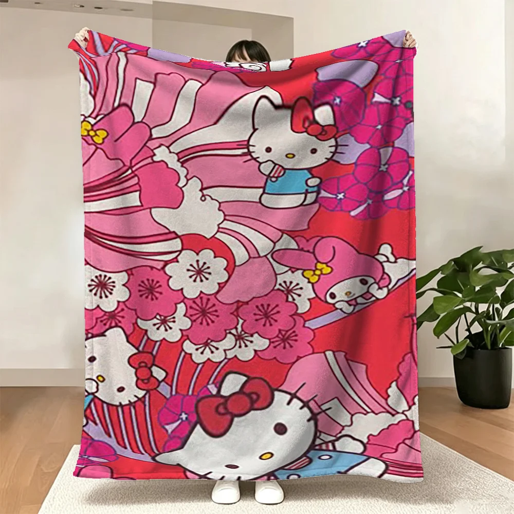 Cute Cartoon Cat and Bunny Print Blanket Pink Floral Soft Throw Blanket for Sofa Bed Home Decor Gift for Girls Kids