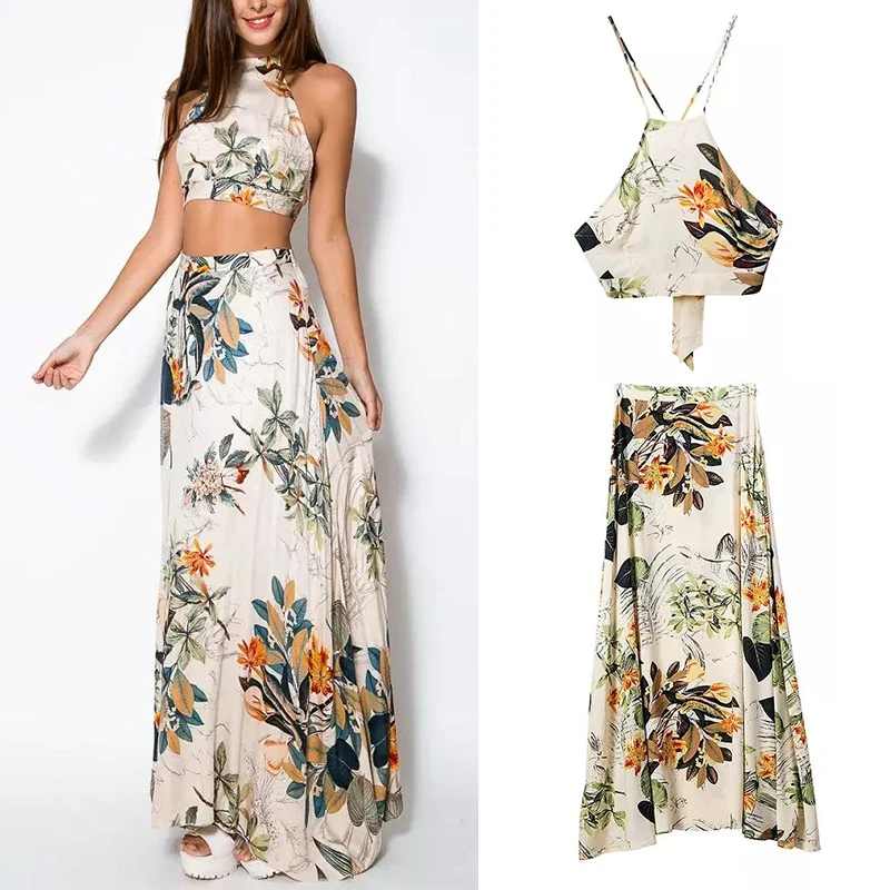 Damski dwuczęściowy komplet bez pleców stylu boho Halter bandaż