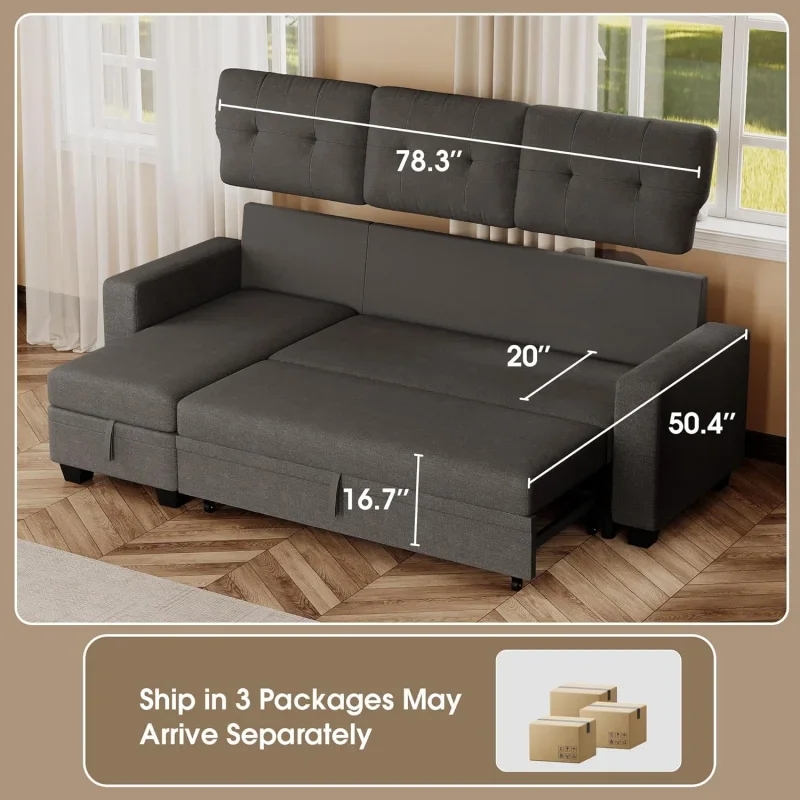 Sofa Bed Reversible Convertible Sleeper Pull Out Couches with Storage Chaise, Corduroy Furniture for Living Room, Bedroom, Apart