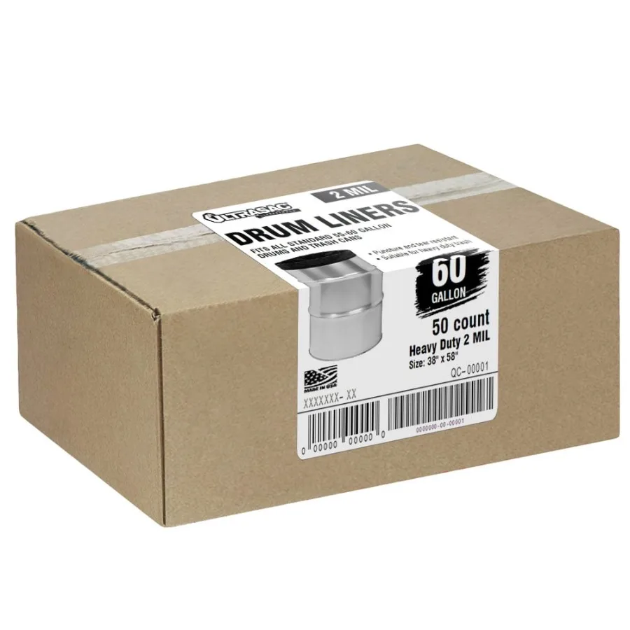 

Heavy Duty 55 Gallon Trash Bags - 50 Count With Ties - 2 Mil Industrial Strength Plastic Drum Liners 38 x 58