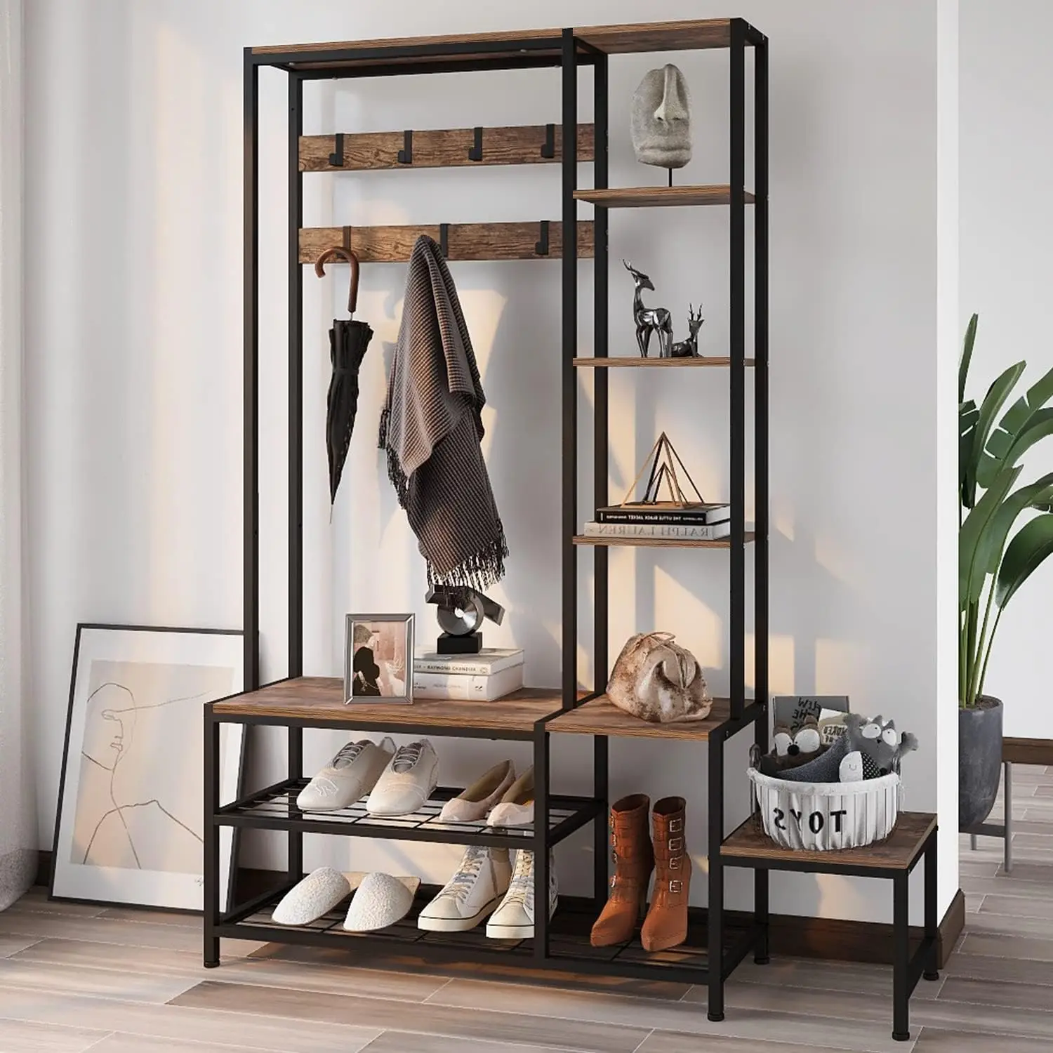 Espelism Hall Tree with Shoe Storage Bench, Coat Rack with 7 Hooks,Interchangeable 4 Tier Side Storage Shelves, Small Cute Side