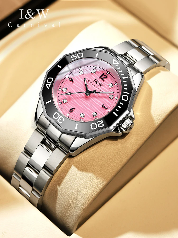 Reloj IW CARNIVAL High End Quartz Watches Woman Luxury 2024 Sapphire Glass Luminous Stainless Steel Band Waterproof Ladies Watch