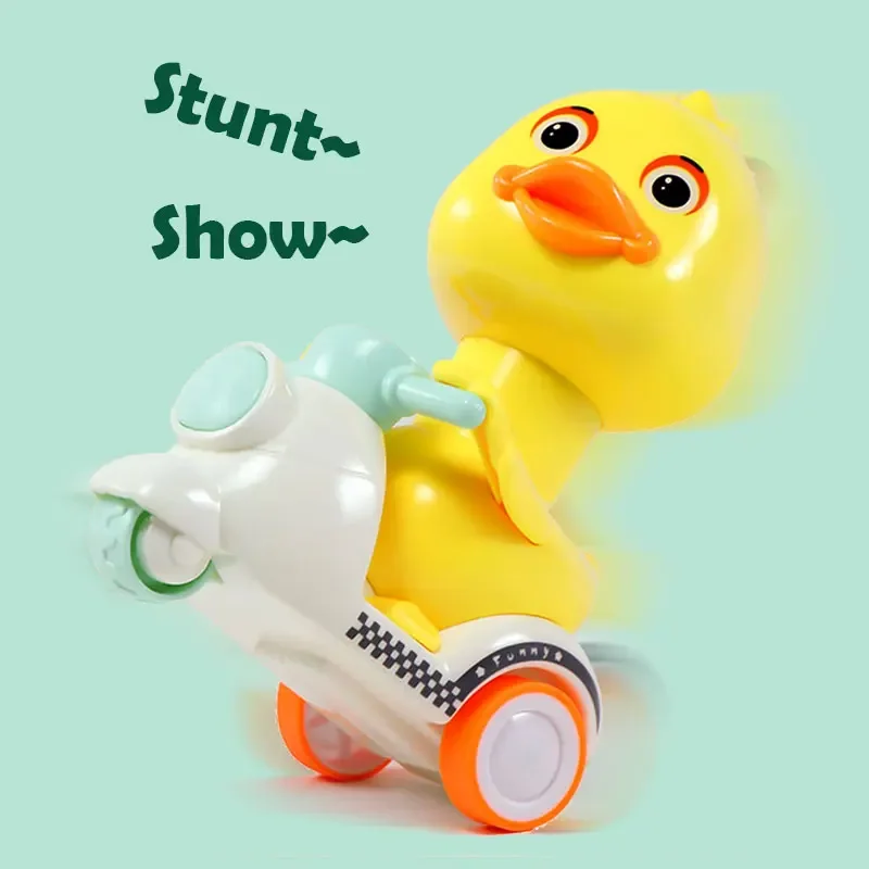 Kids Manual Pressing Head Free Rotation Cute Duck Press Car Motorcycle Anti-collision and Anti Drop Baby Toys Mini Car Gift