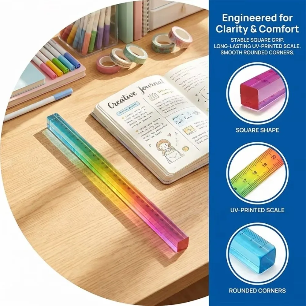 2-in-1 30cm Colored Ruler Acrylic Geometric Student Ruler Cube Drawing Tool Math Learning Stationery Set