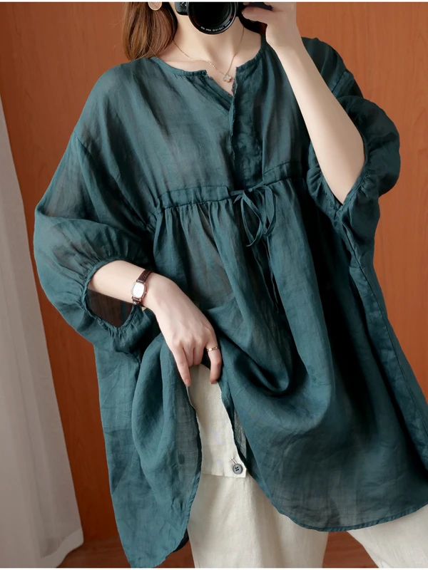 

Loose Cotton Linen Women's irt Summer Pure Color Meat Concealing Oversize Hooded Slimming Versatile Top for plus Size Women