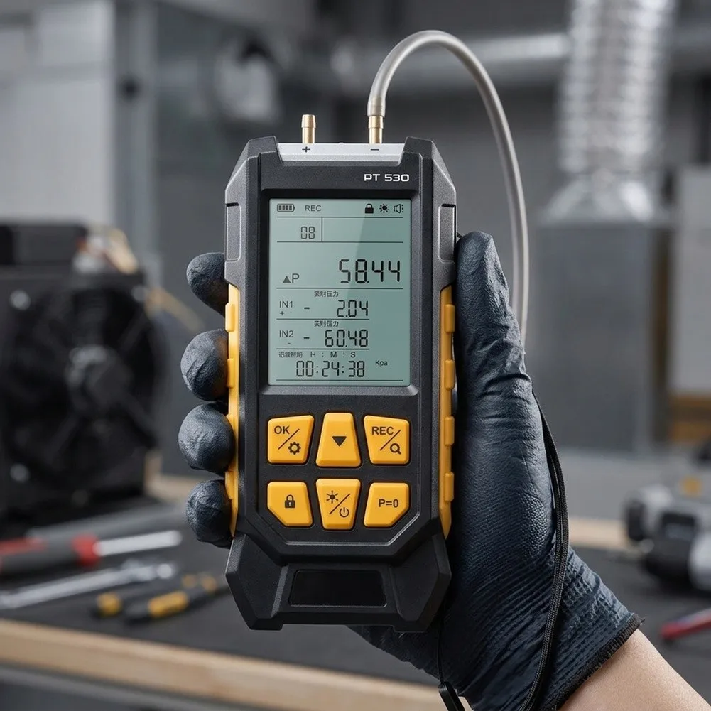 Digital Pressure Gauge PT530 for Negative Differential and Pressure Measurement 74 x 165 x 33 mm Black Plastic Body