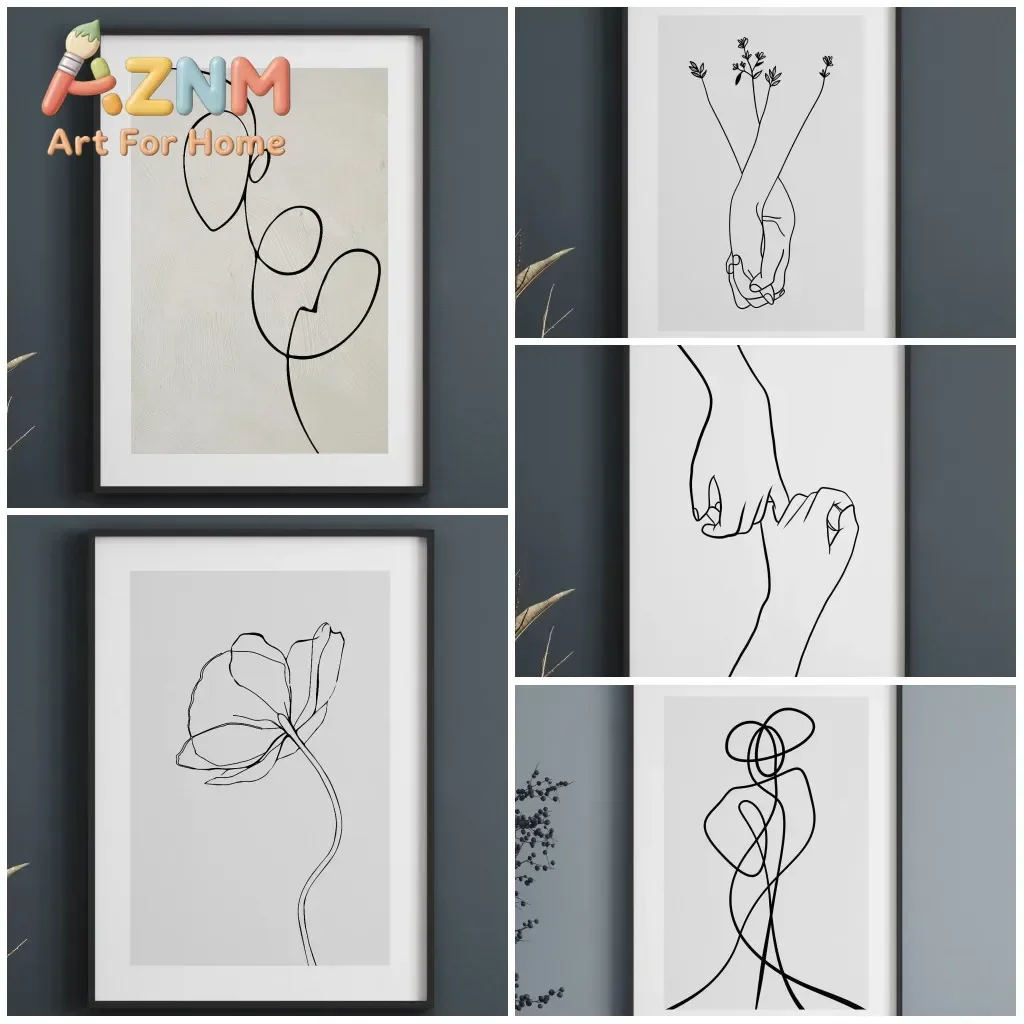 Artistic Line Drawing Black White Abstract Stripe Prints Body Flower Couple Hands Woman Canvas Painting Room Decor Mural