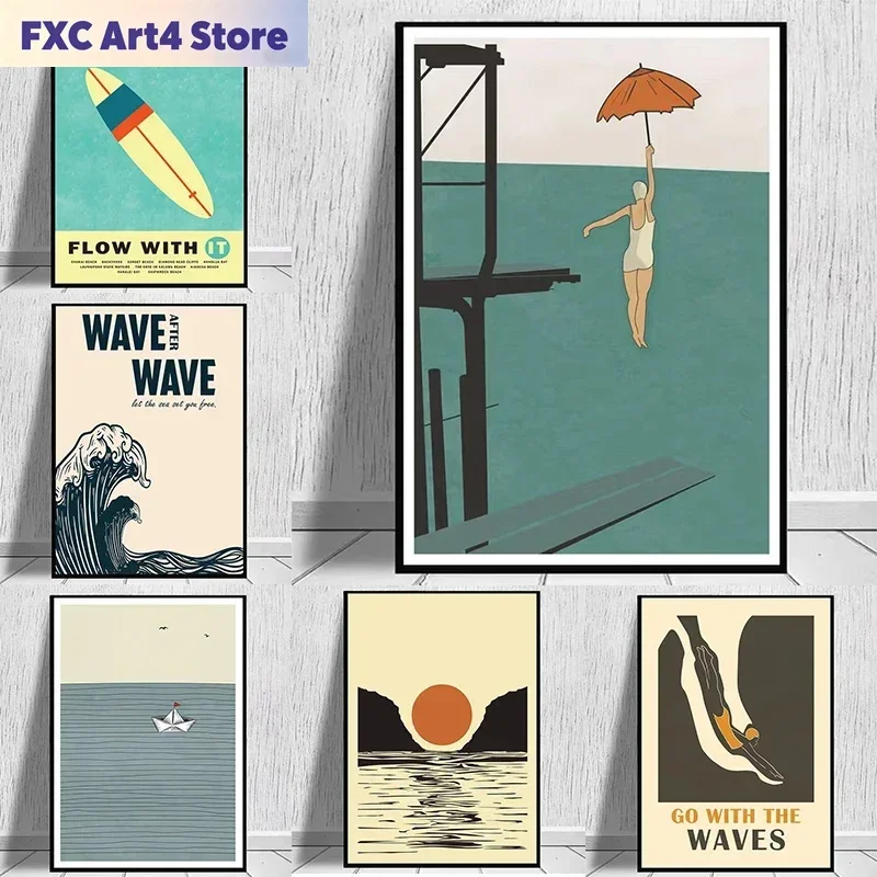 Rahmenloses Vintage-Poster mit Surf- und Strandmotiv, abstraktes Leinwandgemälde mit weiblicher Taucherin, Wandkunst für Schwimmbad, Wohnzimmer und Zuhause