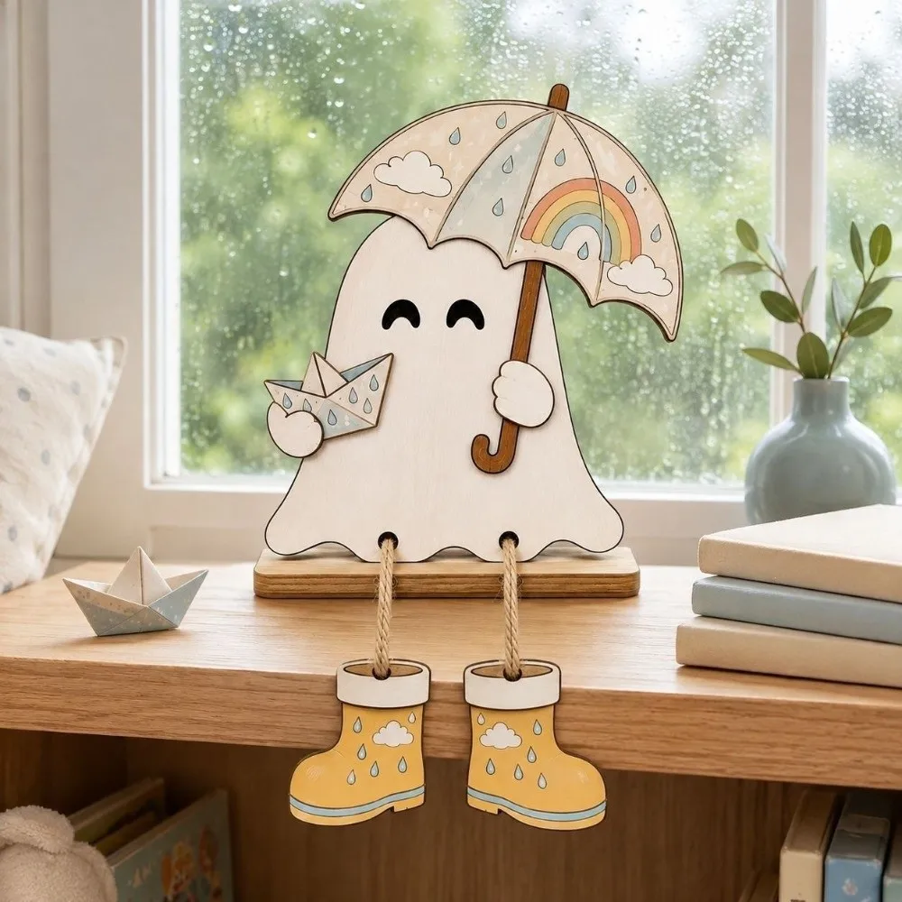 Fun Shape Halloween Wooden Ghost Signs 2D Flat Handmade Ghost Figure Tabletop Sign Rustic Decorative 2D Flat Ghost Sign