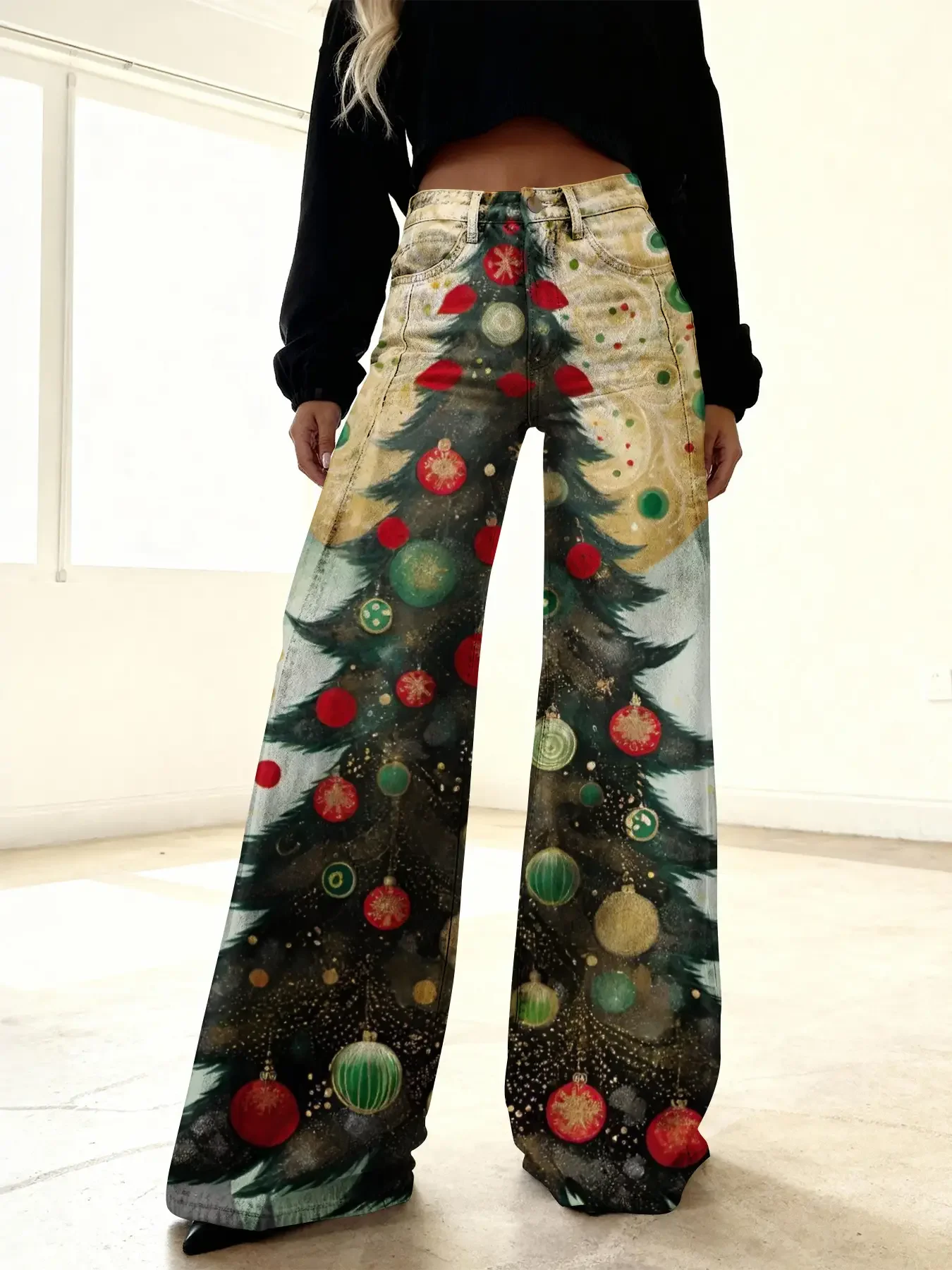 

A pair of 3D printed denim like pants with Christmas oil painting style and wide leg imitation jeans