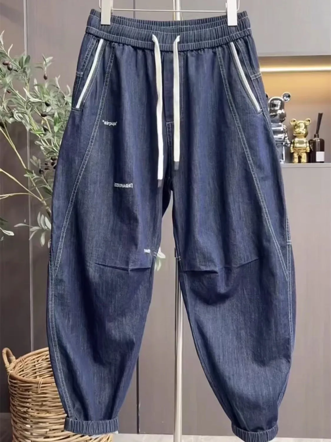 

Spring New Men's Faion Embroidered Classic Waed Cuffed Denim Loose Harem Dad Pants Breathable Casual Long Jeans