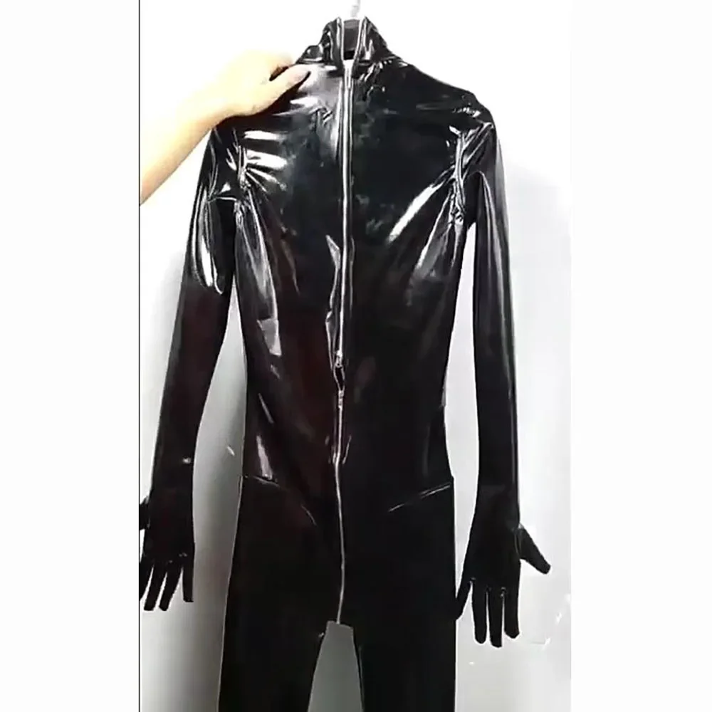 Catsuit em formato de peito molhado, pvc, dedo separado, bodystocking, couro pu brilhante, 3 zíperes, virilha aberta, collant