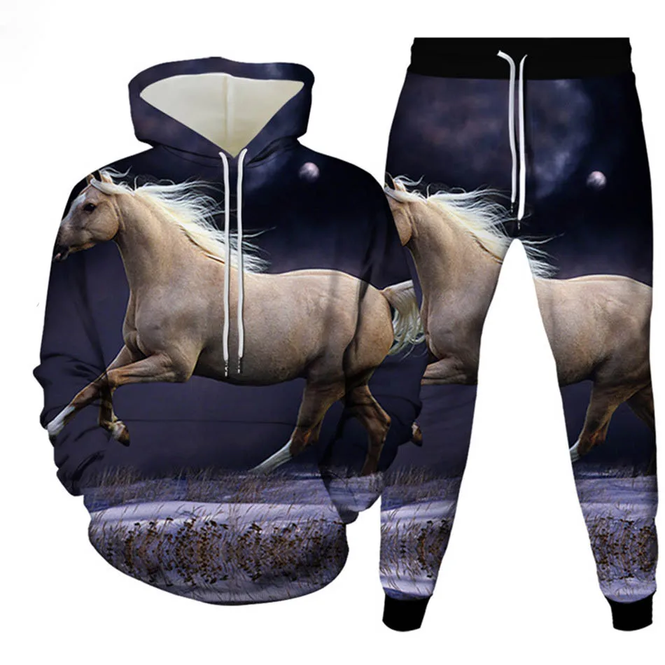 Autunno Animale Cavallo 3D Stampato Felpa con cappuccio Vestito da uomo Felpe Pantaloni sportivi Moda casual Due pezzi Tuta Set Abbigliamento uomo