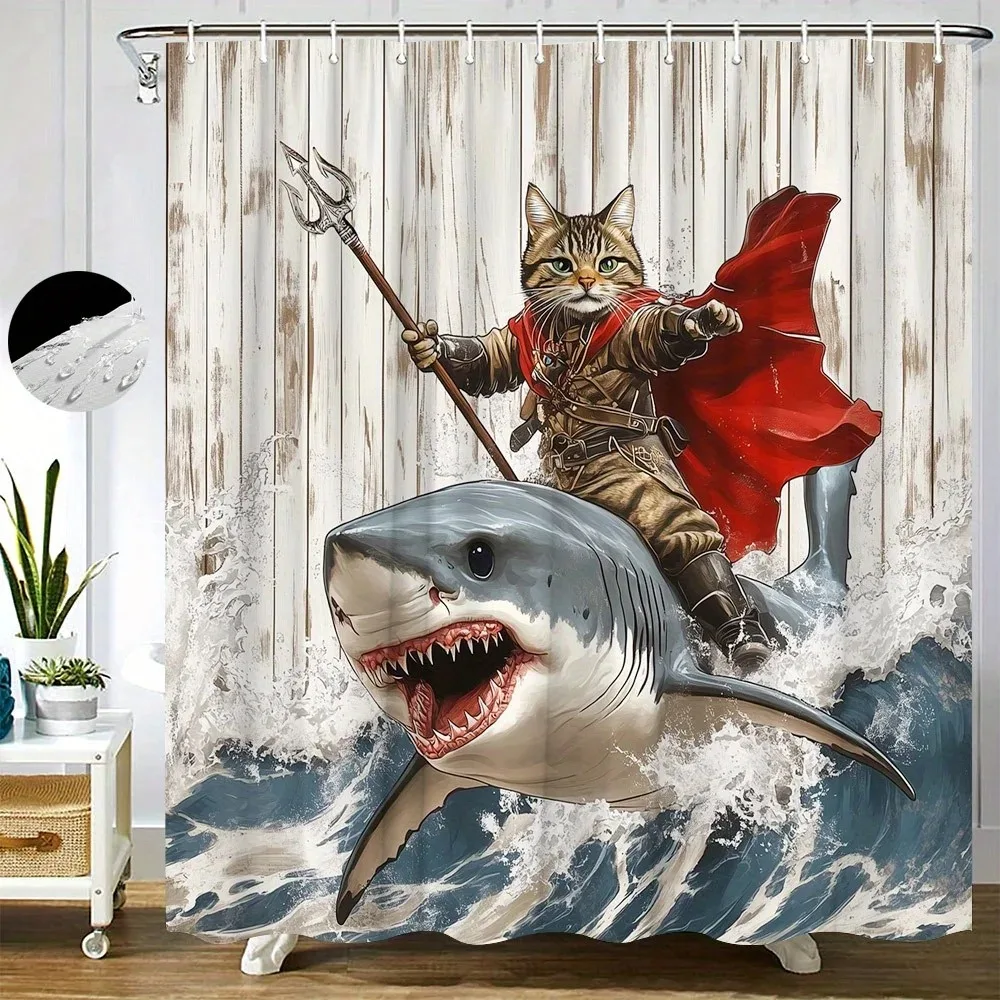 

Cat Warrior Riding Shark Shower Curtain Anthropomorphic Cat Holding Trident Ocean Waves Fantasy Decor with Hooks