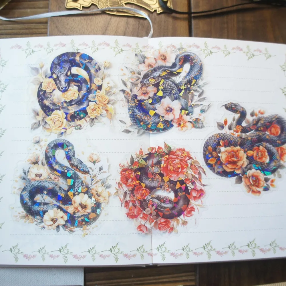 

5pcs Laser Diamond Pattern Snake Hidden in The Flowers Style PVC Sticker Scrapbooking Background DIY Gift Decoration Tag