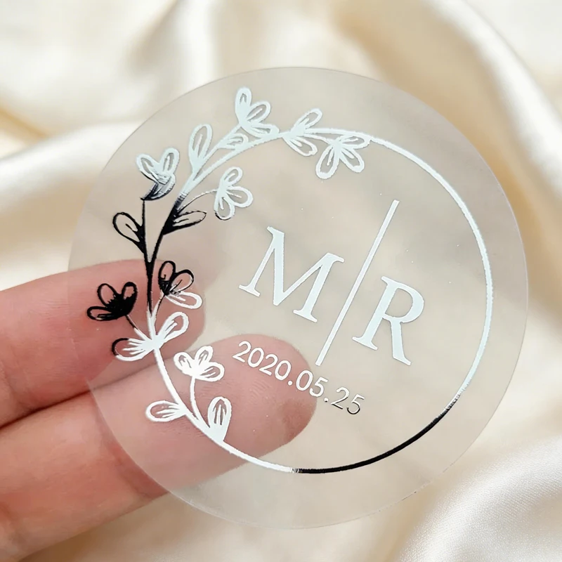 

50pcs Personalized Wedding Label - Transparent Round Stickers with Gold Silver Rose Gold Text, Envelope Stickers, Gift Stickers