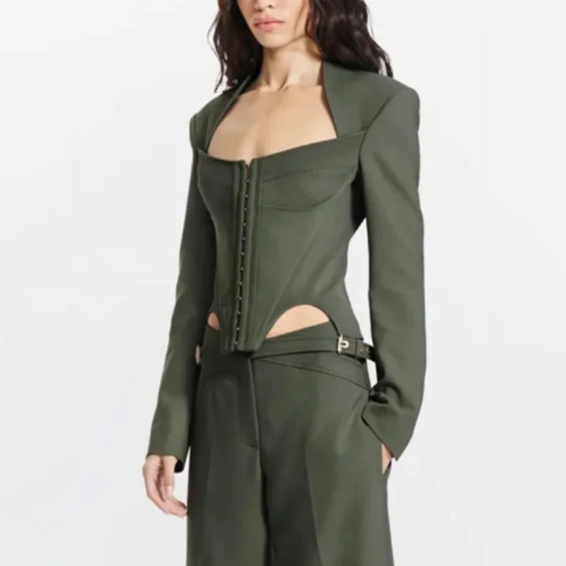 

Elegant Herringbone Corset Splice Design Slim-Fit Waist Women's Suit Coat Autumn Fashion