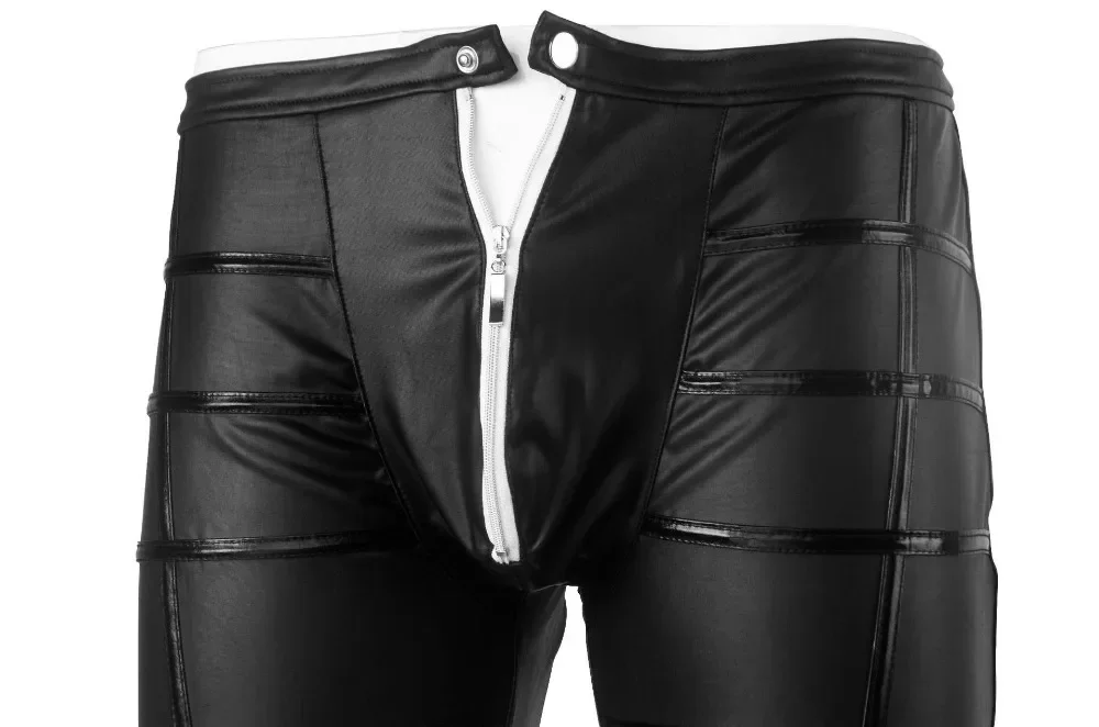 Black Mens Faux Leather Zipper Crotch Tight Pants Legging Trousers Clubwear Pants For Men Slim Fit Costumes Party Clothes