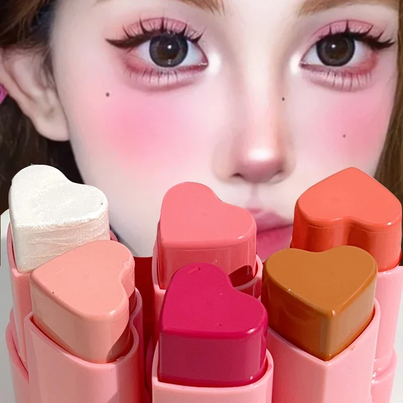 Heart-shaped Highlighter Blusher Stick Brightening Face Rouge Cream Waterproof Contour Illuminator Highlight Blush Korean Makeup