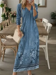 Spring Autumn New Women's Fashion Digital Printing Sexy V-neck Long Sleeved Combo And Ankle Long Skirt Casual Loose Dress