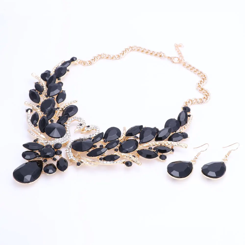 Black Crystal Bridal Jewelry Sets Gold Color Swan Pendant Necklace Women Gift Party Wedding Prom Necklace Earring Accessories