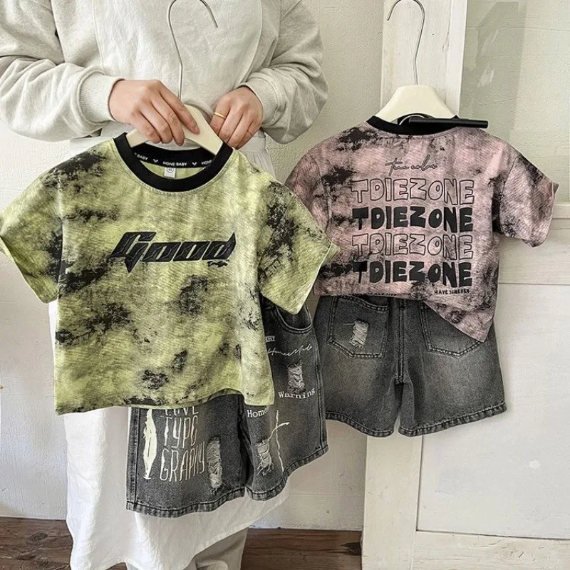 Children's Summer Set Boys 2026 Fashionable Pure Cotton Tie Dyeing New Short Sleeve T-shirt+Grey Hole Shorts Two Piece Set Baby