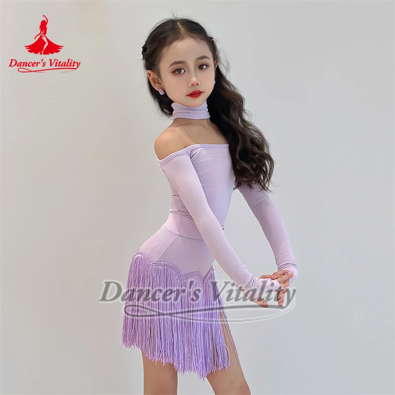 

Элегантный светло-фиолетовый латинский костюм-двойка с длинными рукавами и открытыми плечами, жизненная танцовщица, детская юбка с кисточками для чачи