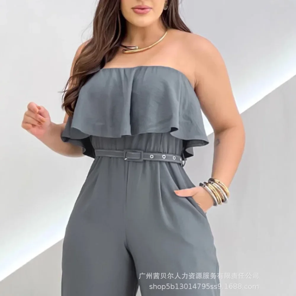 Women Strapless Sleeveless New Off-Shoulder Ruffle Belt Jumpsuit Overall Pants High Waist Solid Color Fashion