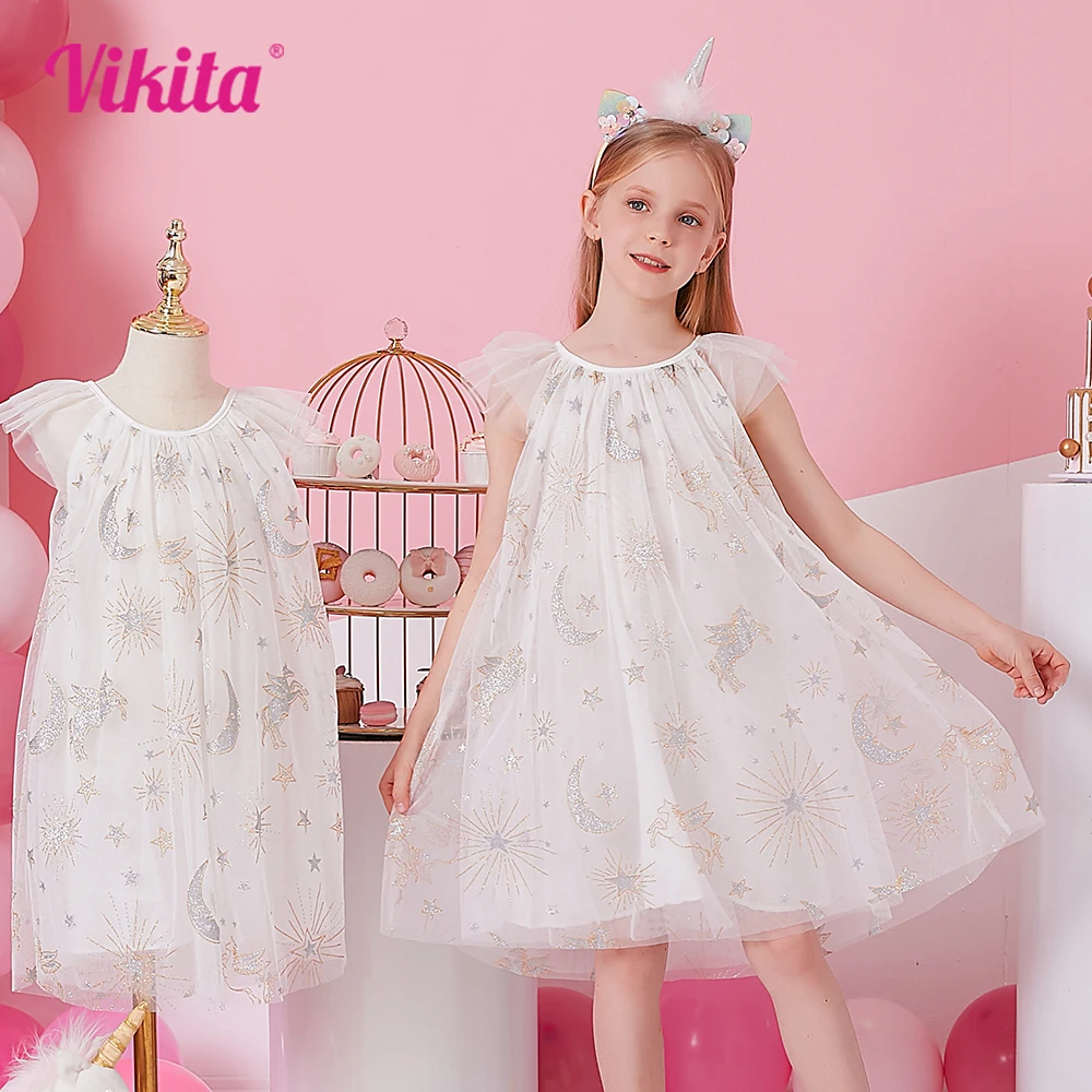 

VIKITA Girl Summer Dress Kids Sequins Fairy Tulle Ruffle Sleeve Slip Dress Girls Birthday Party Princess Casual Tutu Dresses