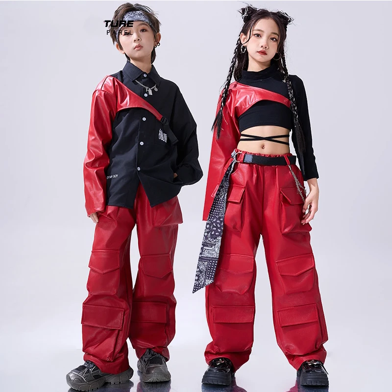 Jazz Dance Costume Children Street Dance Wear Girls Kpop Stage Outfit Red And Black Hip Hop Dance Suit Fashion Pants Tops 1322