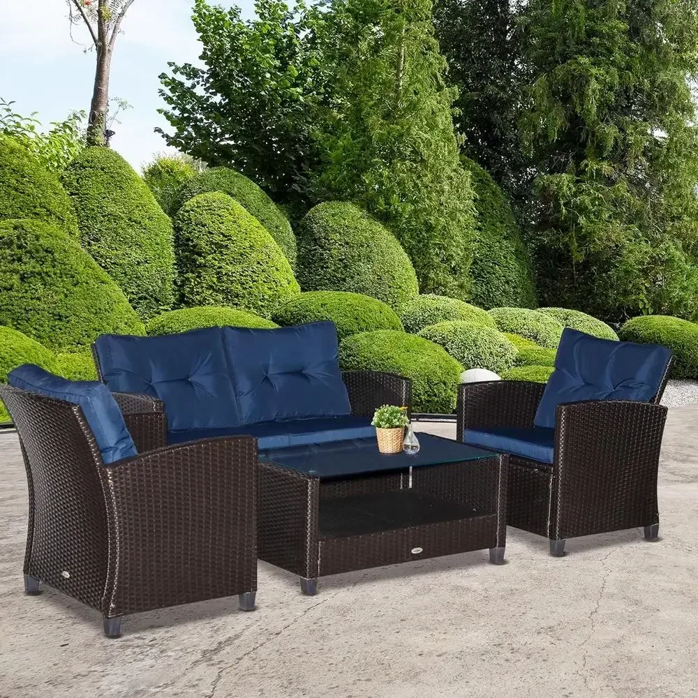 4-Piece Outdoor Patio Furniture Set with Cushions, PE Rattan Wicker Chairs, Blue