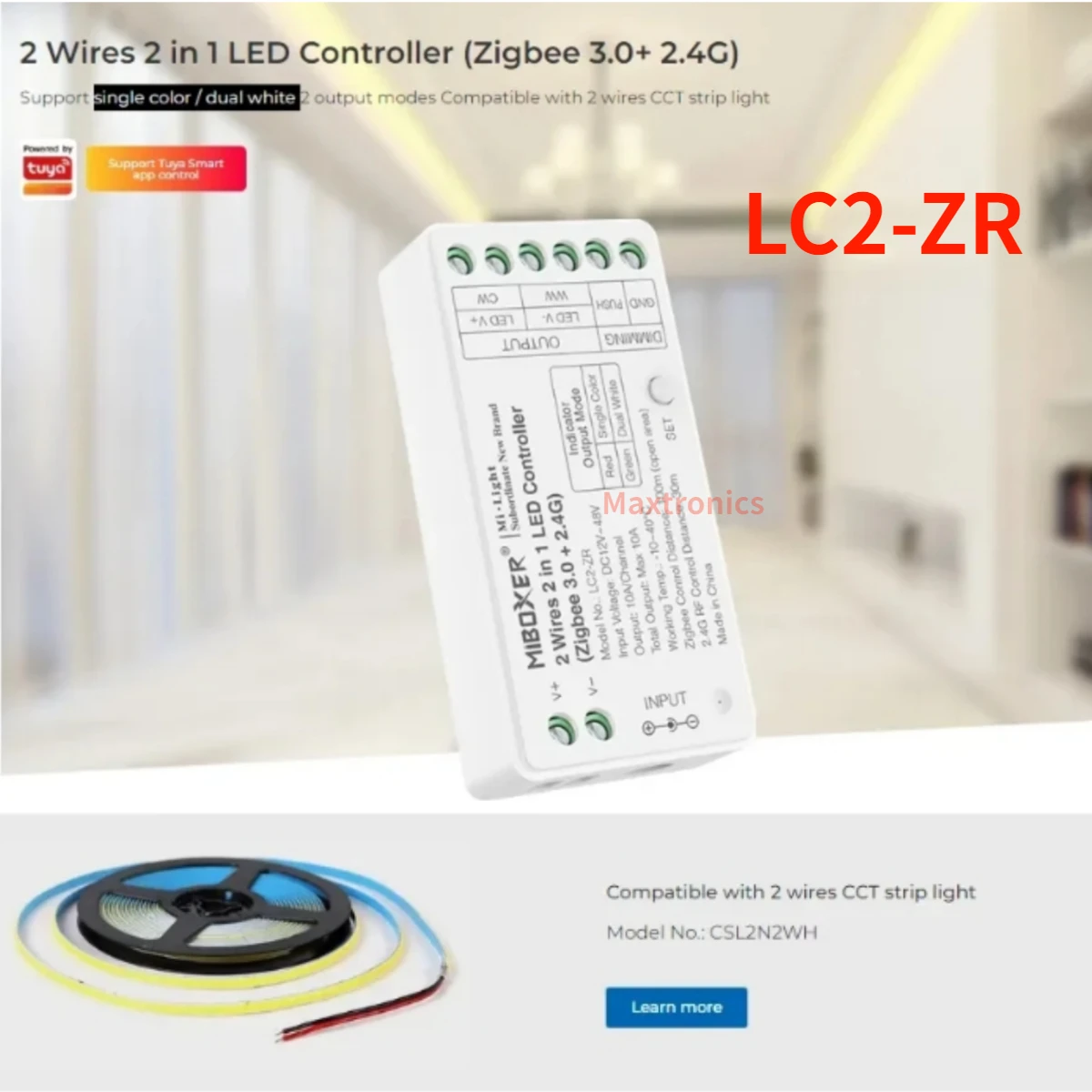 Miboxer LC2-RF/ZR 2 Wires 2in1 LED Controller (Zigbee 3.0+2.4GHz) LED Strip Controller Dimmer for Single Color CCT COB Led Strip