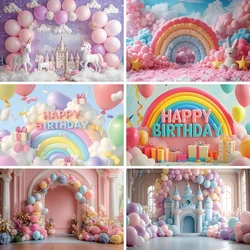 3D Balloon Rainbow Happy Birthday Party Background 3D Balloon Rainbow Macaron Colorful Balloon Gift Children Birthday Backdrop