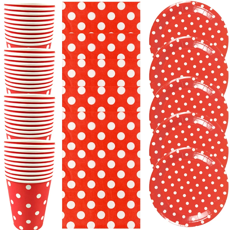 

60pcs/lot Red Polka Dots Theme Tableware Set Happy Birthday Party Napkins Plates Cups Dishes Towels Decoration Events Supplies