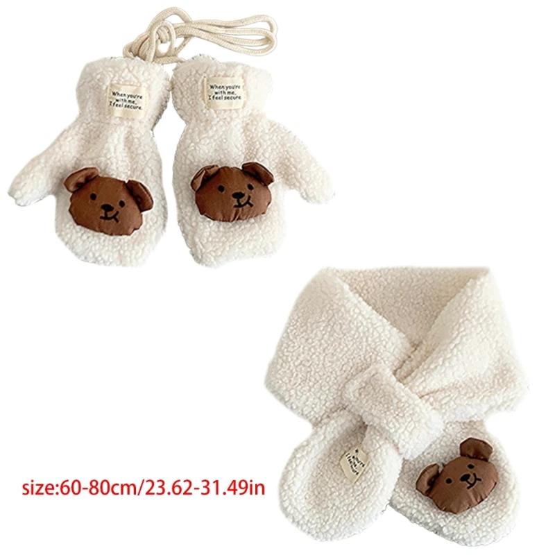 Bear Themed Scarf and Gloves Set for Boys Girls 2-6T, Breathable Long Muffler with Mittens for Outdoor Activity