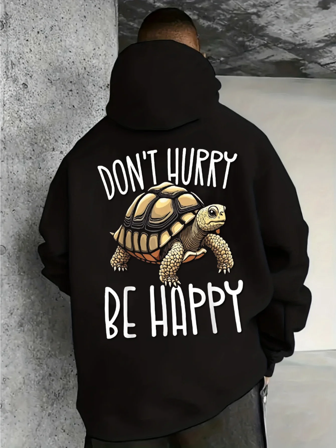 Men Don't Hurry Be Happy Turtle Back Print Hoodie, Cute Tortoise Slogan Graphic Drawstring Kangaroo Pocket Pullover Sweatshirt Casual Street Hooded Tops
