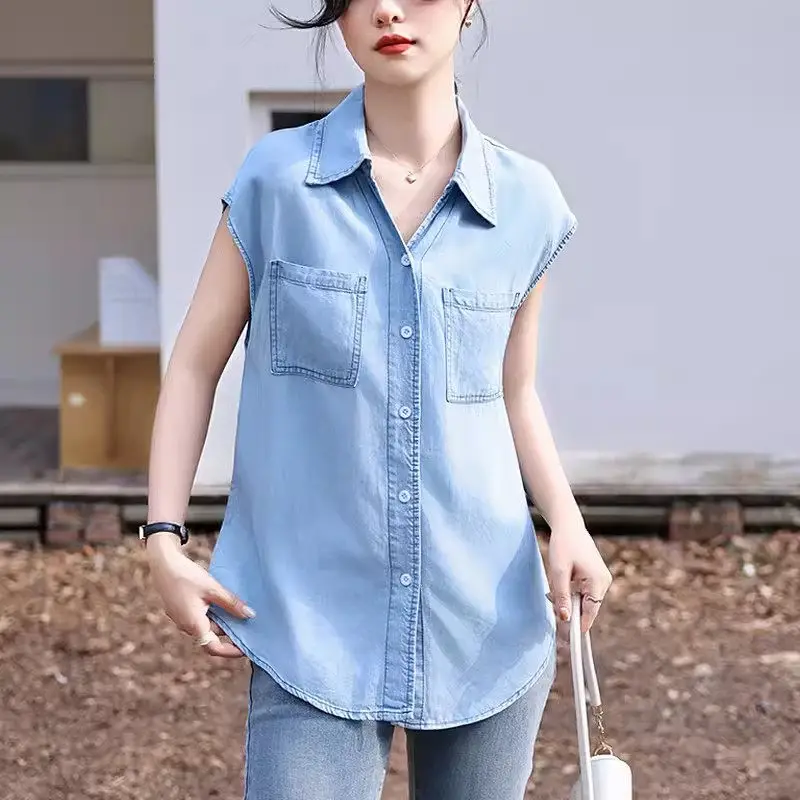 2024 Spring And Autumn Summer Denim Tank Top Sleeveless Shirt For Women Korean Fashion Causal Vest Jeans Blouse K019