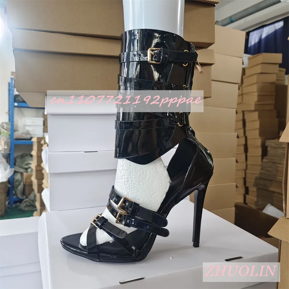 

Women'S Summer Buckle Sandals Boots Open Toe Stilettos Back Zipper High Heels Sexy Party Dance Mid-Calf Sandals Zapatos Mujer 46
