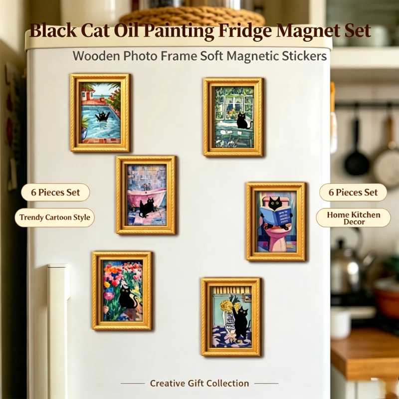 Engraved Wood Frame - Black Cat Oil Painting Style Magnetic