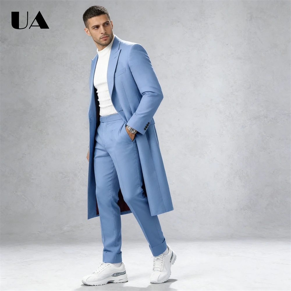 

Casual Suit Coat with Pants, Sky Blue One Button Autumn Suit Set, Men's Daily Tuxedo Coat Trousers XXS-7XL Suits