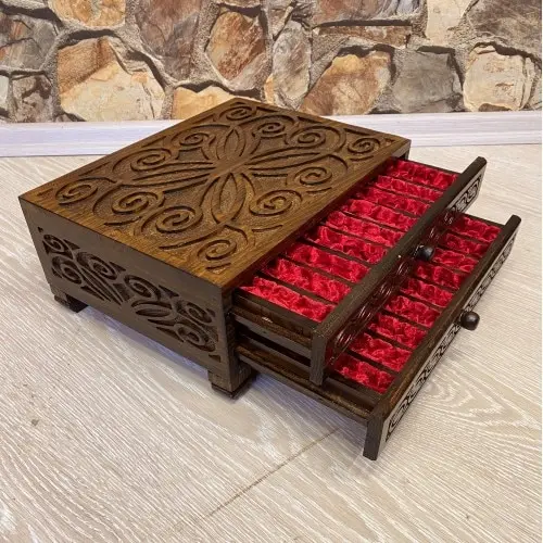 Carved Chest for Jewelry and Rosary with 2 Drawers Chest Handmade Pure Walnut Hand Carved Velvet Slab  Luxury Jewelry Box