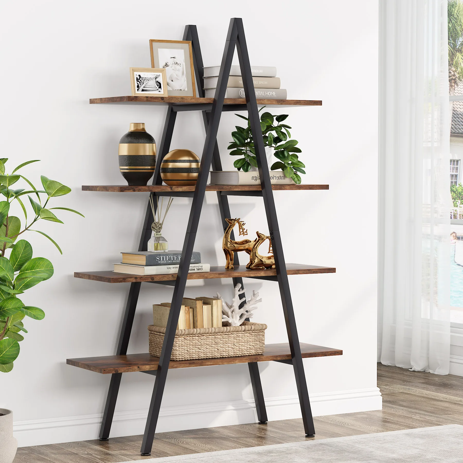 

Tribesigns 4-Tier Bookshelf, A-Shaped Bookcase 4 Shelves Industrial Ladder Shelf Open Display Shelves Book Storage Organizer