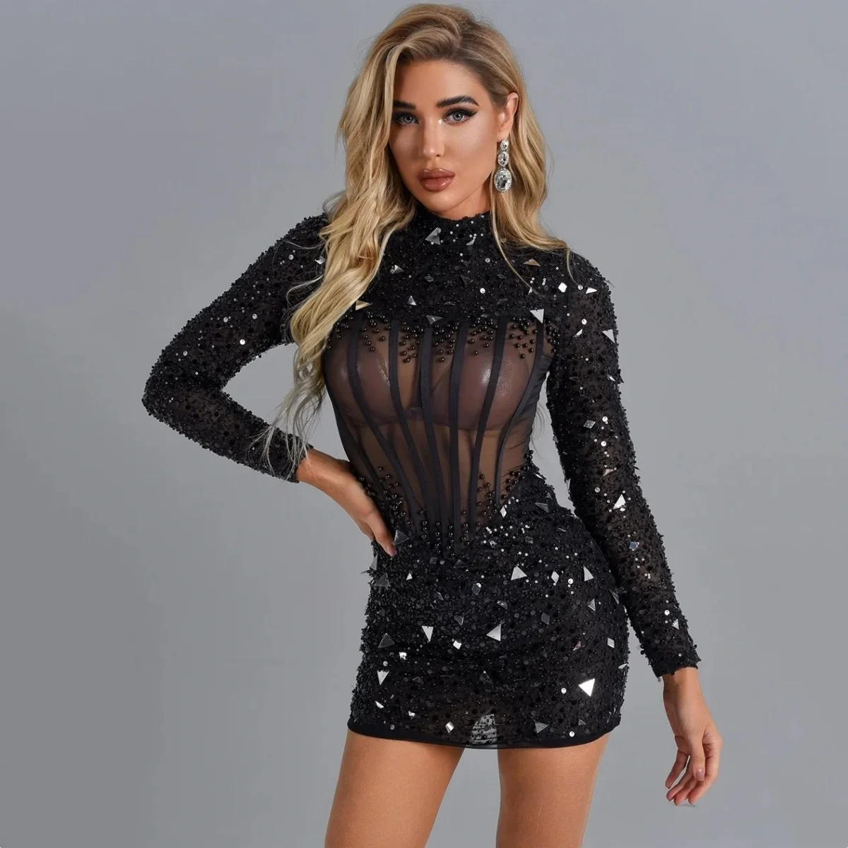 

Black Rhinestones Flashing Mirror Surface Sequined Sexy See-through Sheath Mini Dress Fashion Nightclub Evening Party Dresses