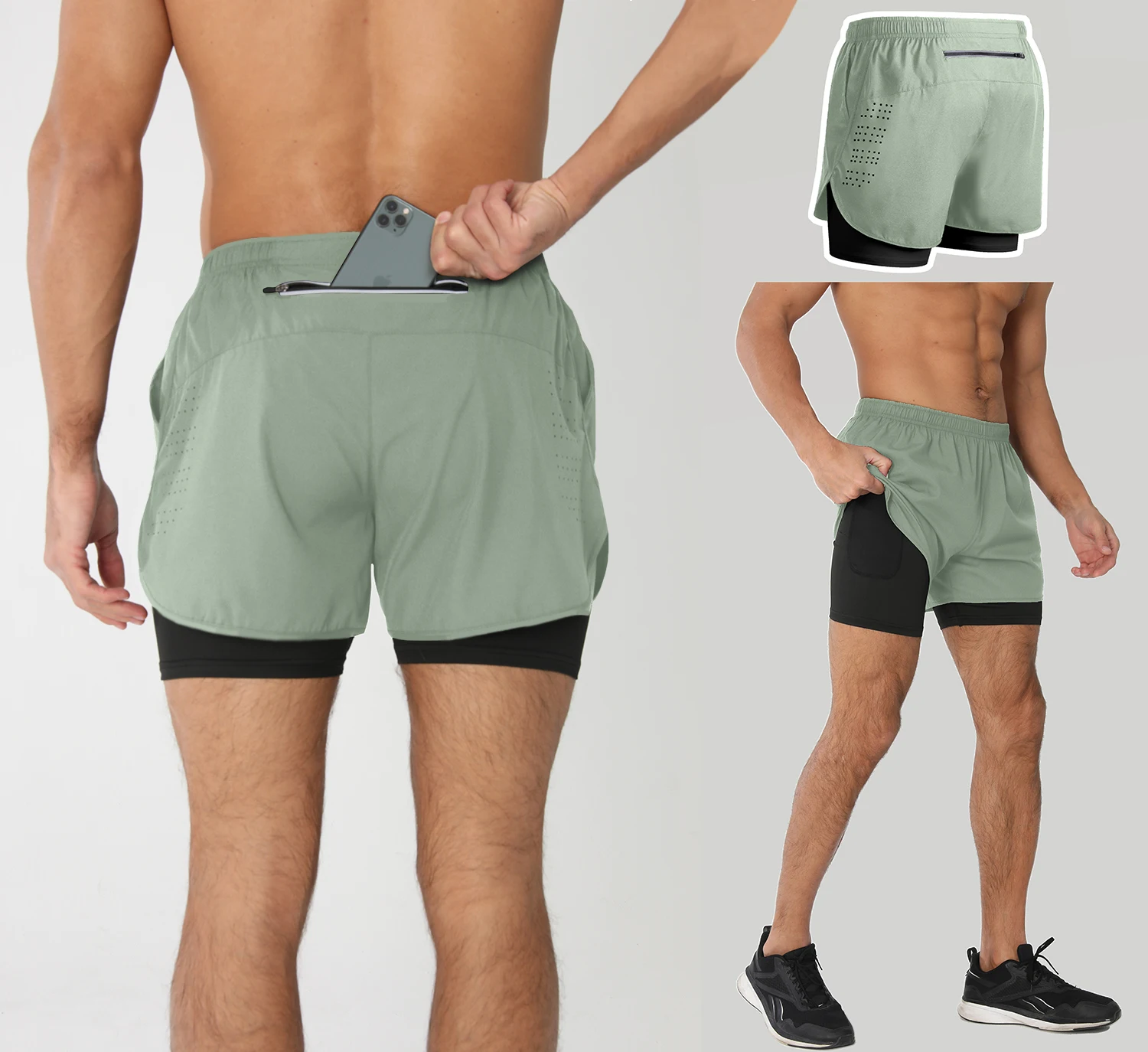 Men's Running Shorts Quick-drying Fitness Black Double Layer Shorts Men New Sport Workout Training Bodybuilding Short Pants New