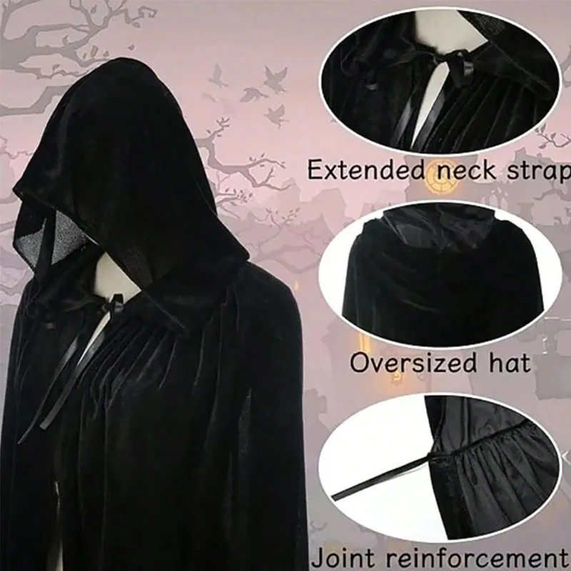 1 Stück schwarzer Umhang mit Kapuze, Rollenspielumhang, geeignet für Erwachsene und Kinder, ideal für Halloween-Rollenspiele. – Detail 3