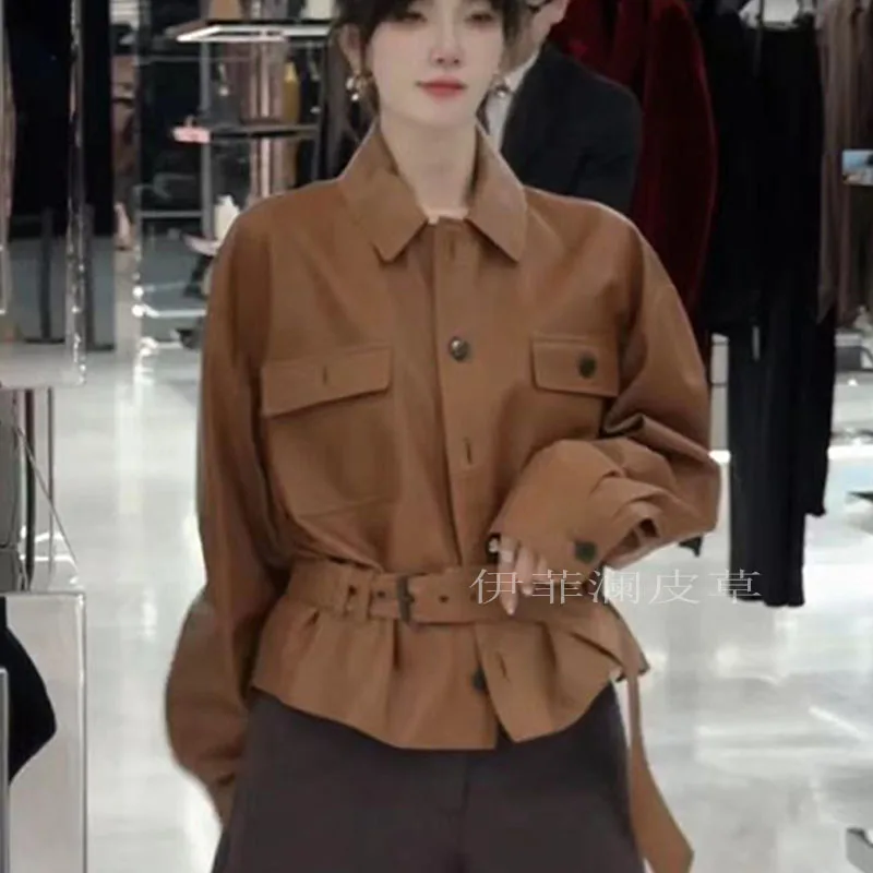 Daitong 2025 primavera eepskin cuero Jaet mujer suelta adelgazamiento Casual Biker abrigo cuello largo Sve ort longitud