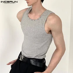 INCERUN Men Tank Tops Solid Color Summer O-neck Sleeve Casual Male Vests Streetwear 2024 Tops Fitness Fashion Men Clothing S-5XL