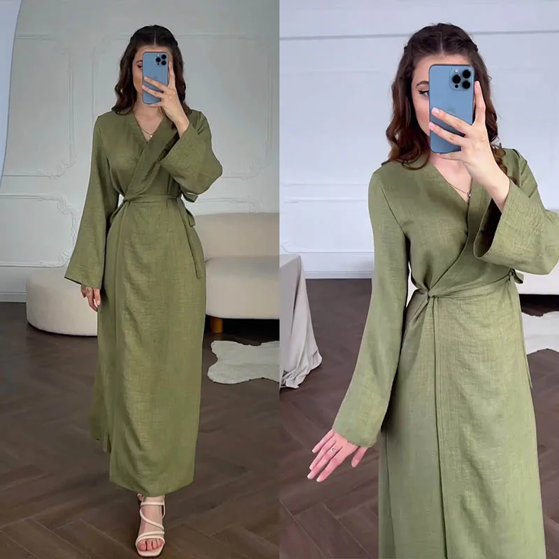 New Summer Women Dresses Solid V-Neck High Waist Casual Lace Up One Piece Cotton and Linen Long Dress Maxi Dresses With Belt